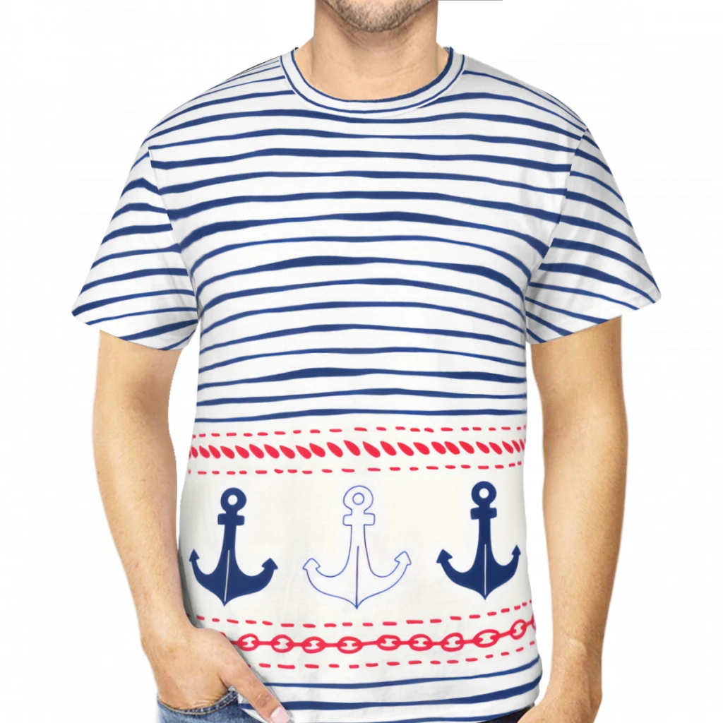 Nautical Art Men's TShirts Handdrawn Horizontal Border Ropes Chains 3D Printed Oversized Short-Sleeved Polyester Harajuku