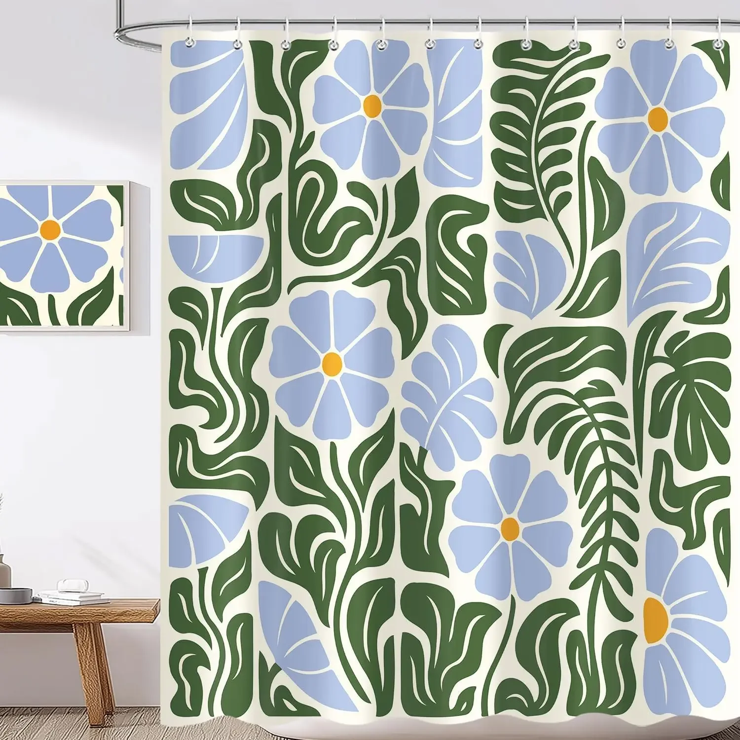 Abstract Vintage Floral Shower Curtain Blue, Boho Retro Trendy Blue Green Flower Bathroom Decor Cute, Mid Century Modern Funky