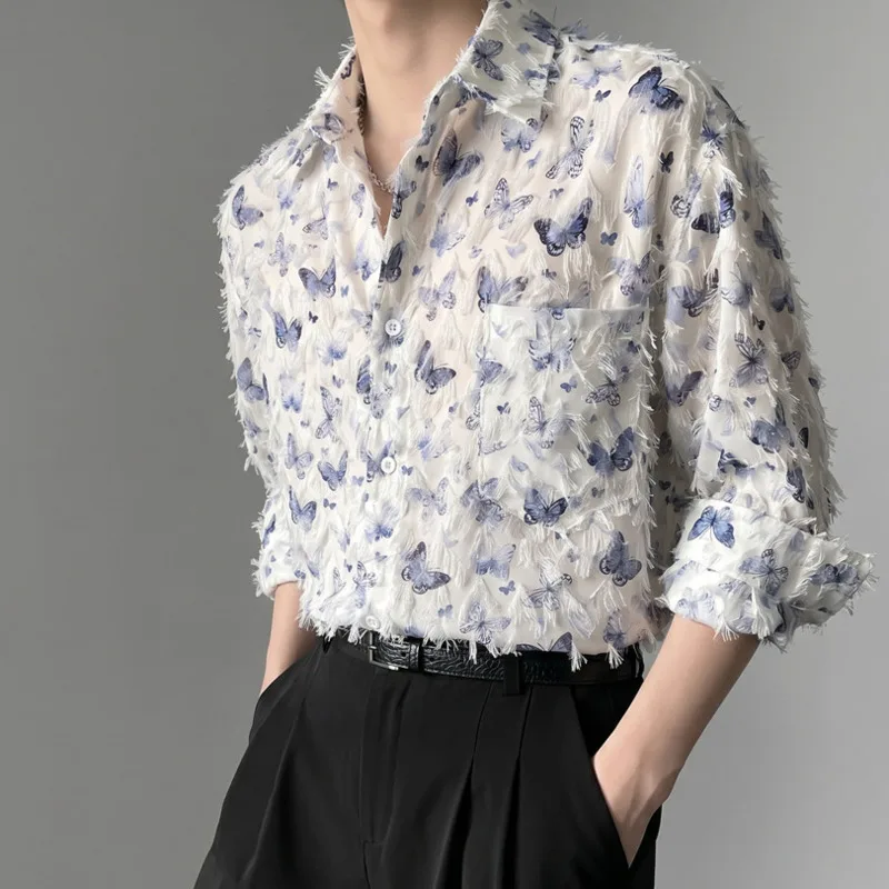 WVGA Spring Autumn New Men's High Street Butterfly Jacquard Trendy Unisex Long Sleeved Shirts Niche Chic Casual Tops Ins W25466