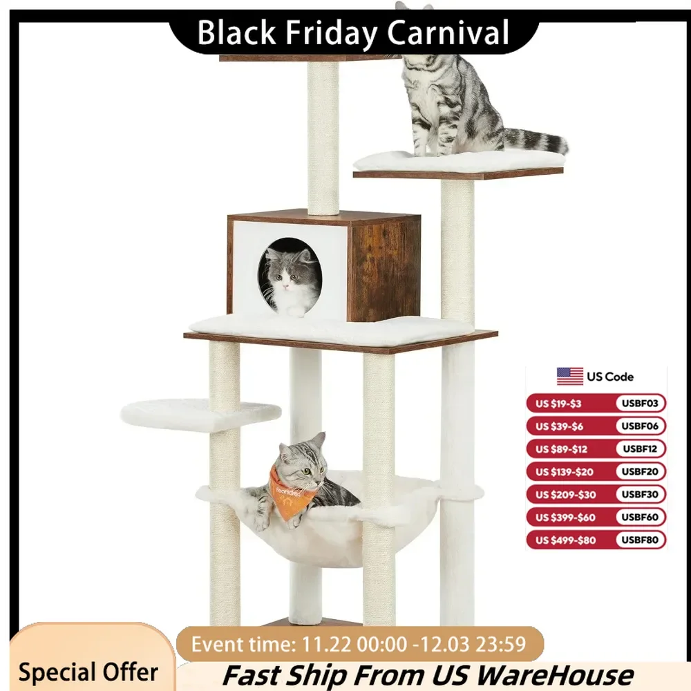 Cat Tree, 54.3-Inch Modern Cats Tower for Indoor Cats, Multi-Level Cat Condo, Ultra-Soft Plush, Scratching Posts, Hammock