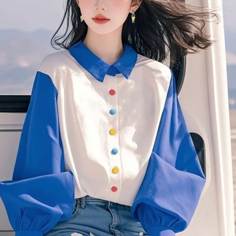 

Vintage Lantern Sleeve Blusas Mujer De Moda 2025 Fashion Trend All-match Blue Shirt Women Spring Autumn New Casual Tops