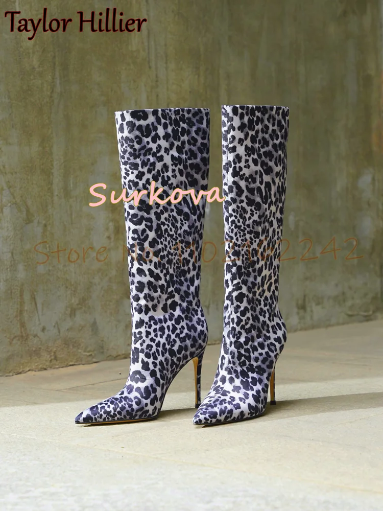 

Spring Leopard Print High Heel Long Boots Pointed Stiletto Slip-On Knee-High Boots Elegant Slim Fashion Boots Women Winter 46