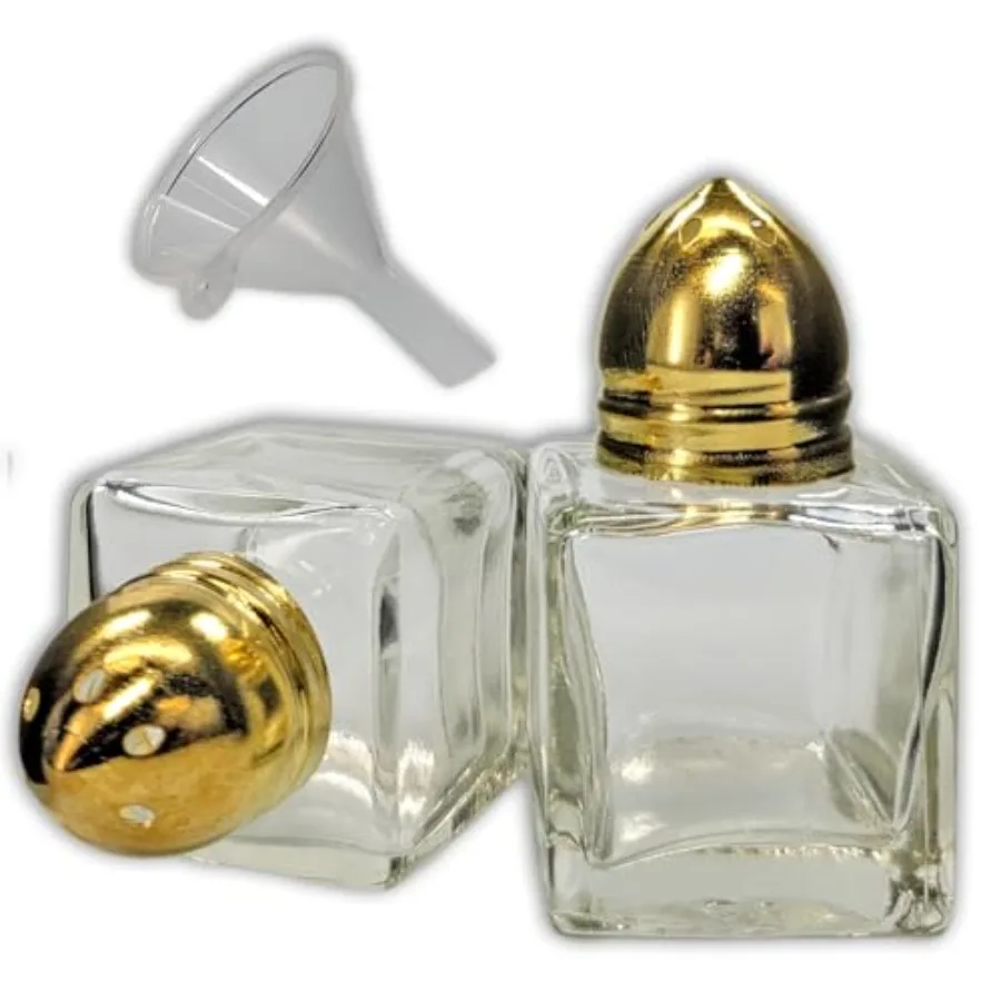 

Pack of 2 Clear Glass Mini Cube Salt and Pepper Shakers with Gold-Tone Tops and BONUS Easy Fill Fel by