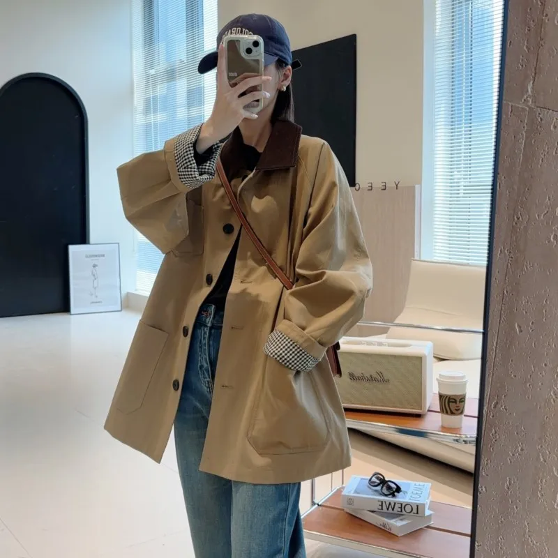 

Johnature Autumn New Korean Contrasting Khaki Trench Coat Women Casual Versatile Loose Turn-down Collar Women Coats