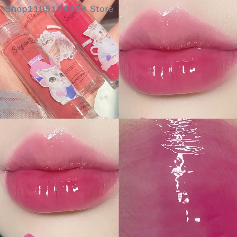 [M]Cappuvini Cat Mirror Lip Glaze High Gloss Moisturizing Sexy Red Lip Tint Lipstick Lip Essence Long Lasting Lip Gloss Cosmetic