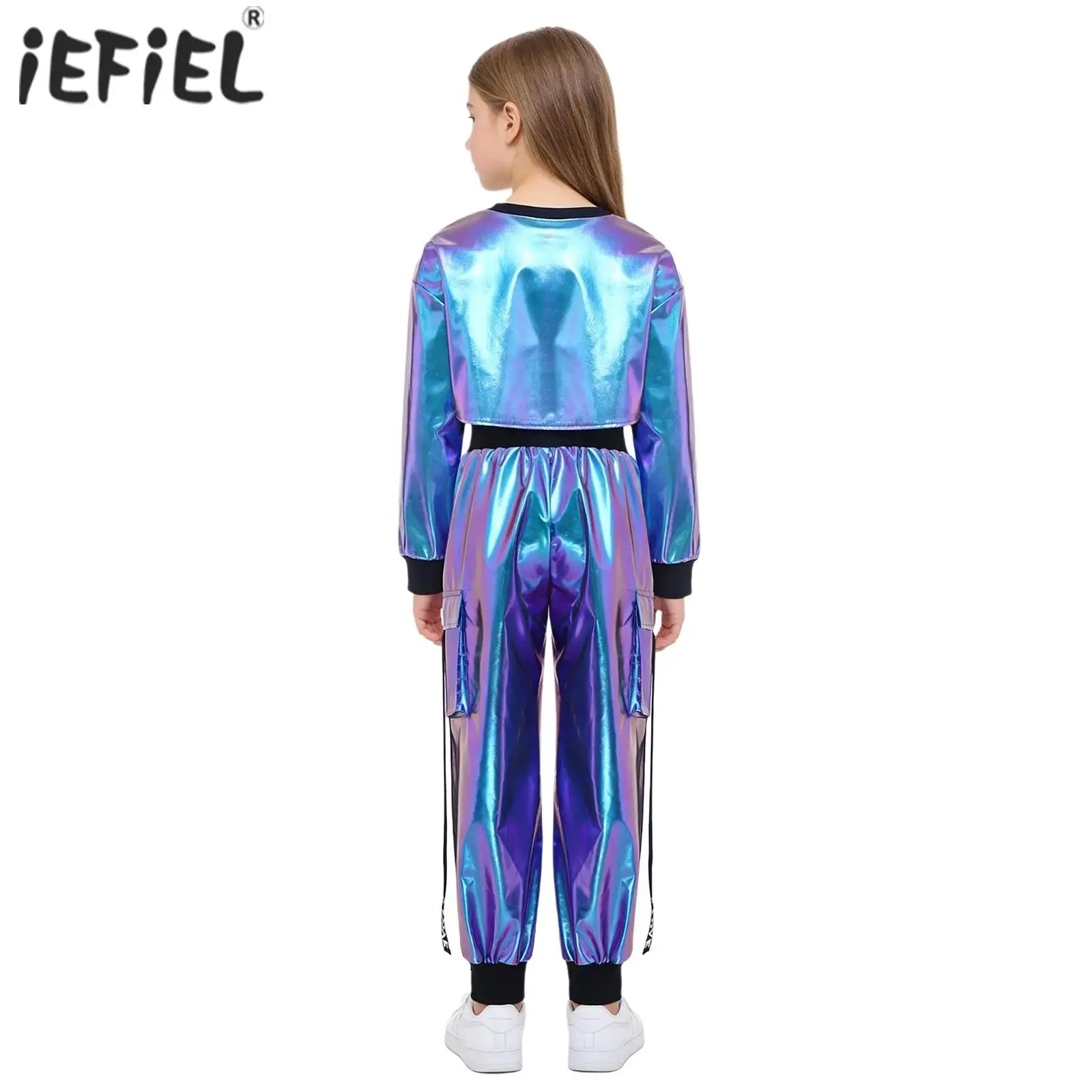 Kids Girls Singer Cosplay Costume Long Sleeve Stand Collar Shiny Sequins Outerwear Jacket with Braided Trimming and Chains