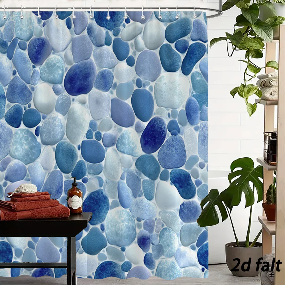 2D Flat Blue Pebble Stone Shower Curtain – Polyester, 12 Hooks, Modern Bathroom Decor, Water-Resistant & Machine Washable
