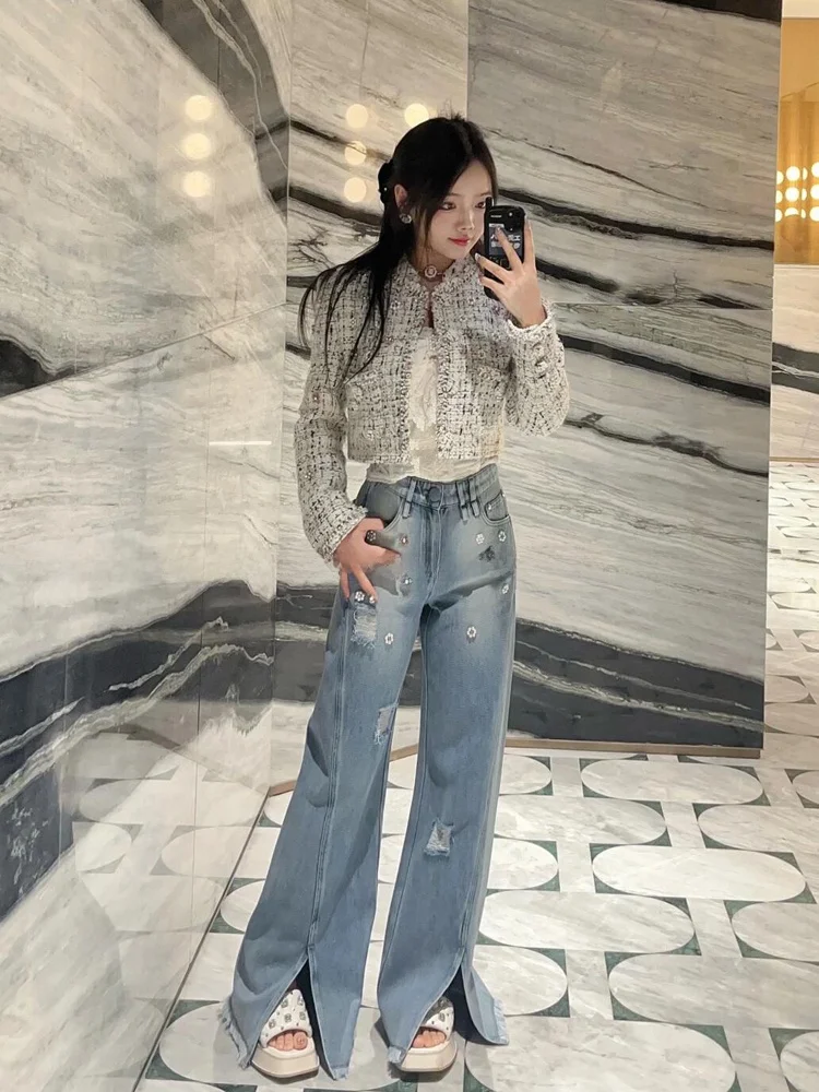 

Джинсы женские с высокой талией, повседневные, весенние, новая модная модель, с вышивкой цветов, разрезами и дырками, длинные, из хлопковой эластичной ткани