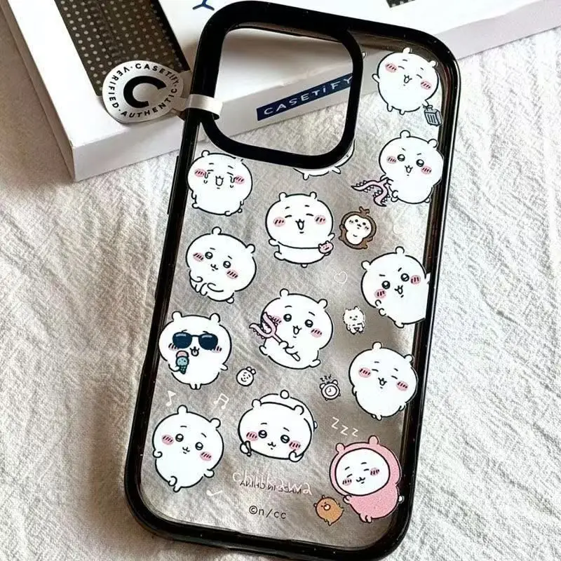 New Cute Chiikawa Usagi Cartoon Phone Case Shockproof Acrylic Hard Shell Black Frame Cover for iPhone 11 13 15 16 Pro Max