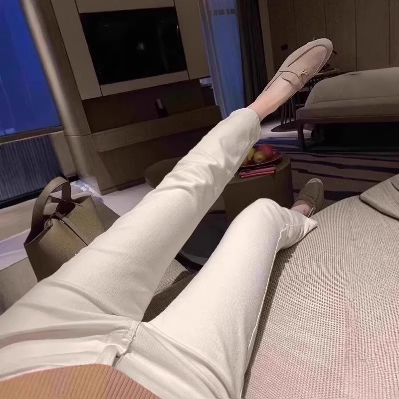 جينز أبيض بخصر عالٍ وساق مستقيمة للنساء، ضيق ومرن، طول ثلاثة أرباع، 45 سم، أنبوبي مدخن، صيفي عادي، قطن مطاطي #3