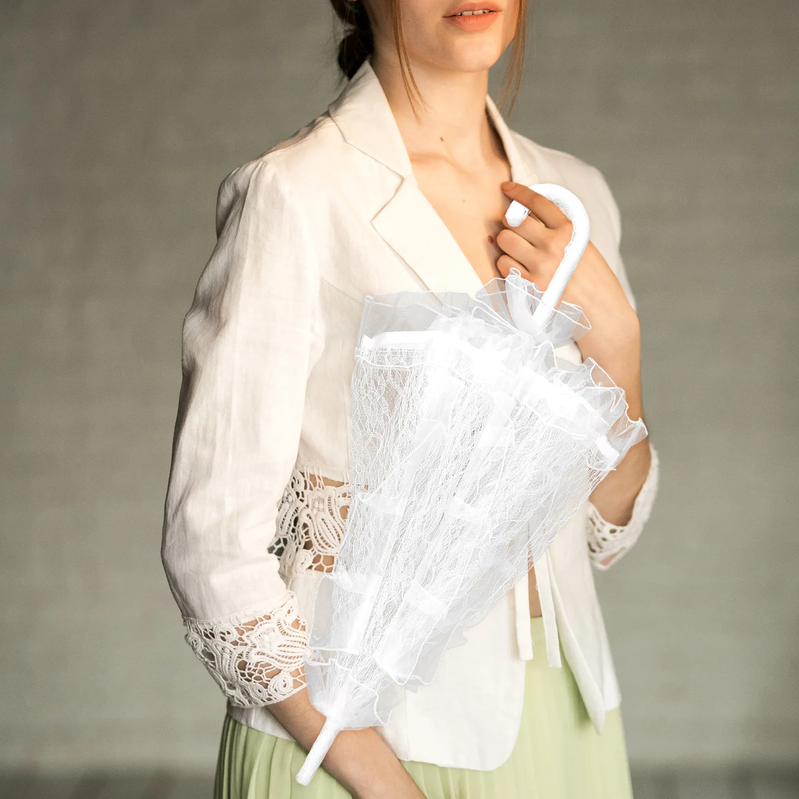

Lace Umbrella Parasol For Wedding Photo Props Bridal Decorative Vintage Fancy Women Lightweight Handle Tea Party Beach