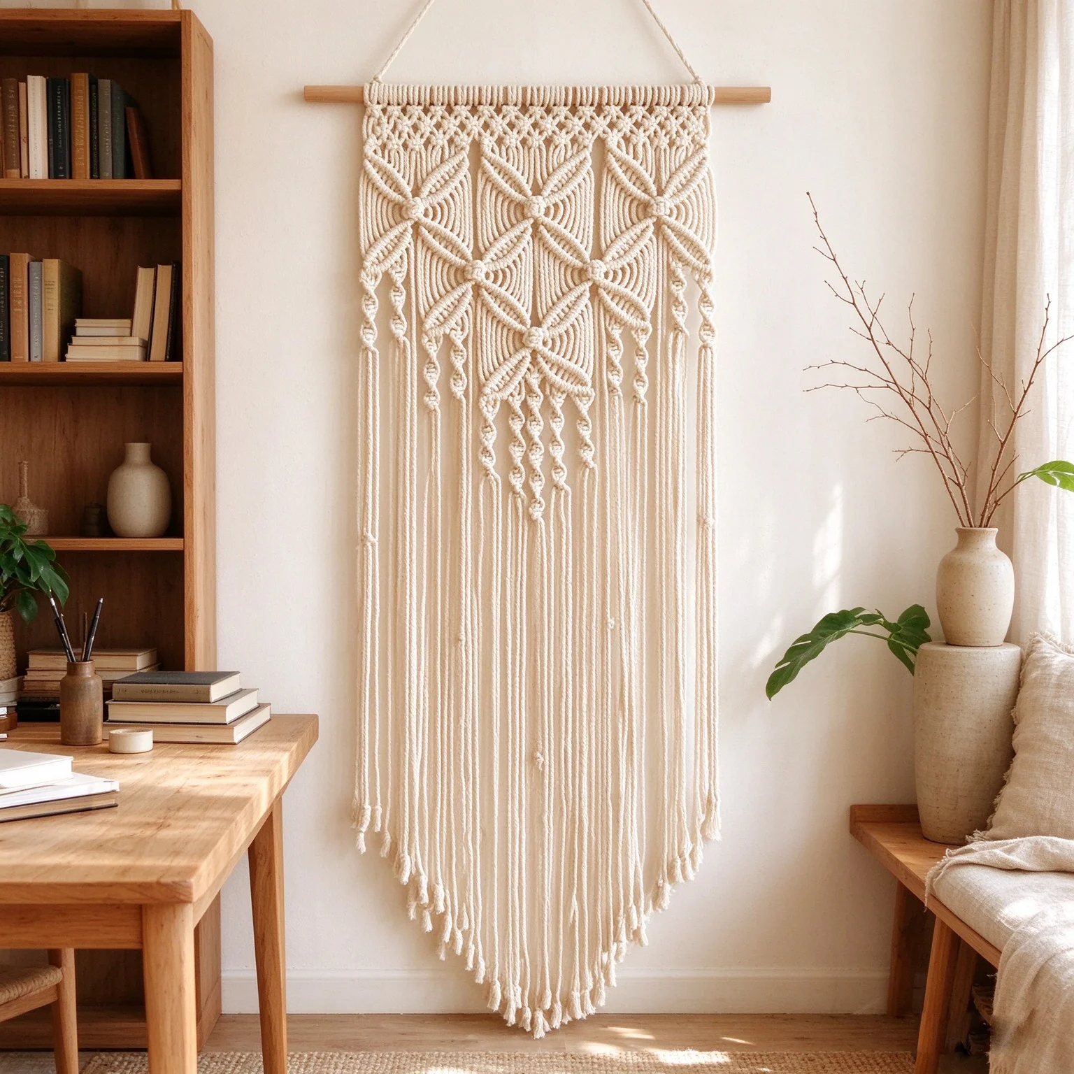 Boho Macrame Wall Hanging, Hand‑Woven Cotton Rope Tapestry, Bohemian Fringe Wall Art for Bedroom Living Room Apartment Home Deco