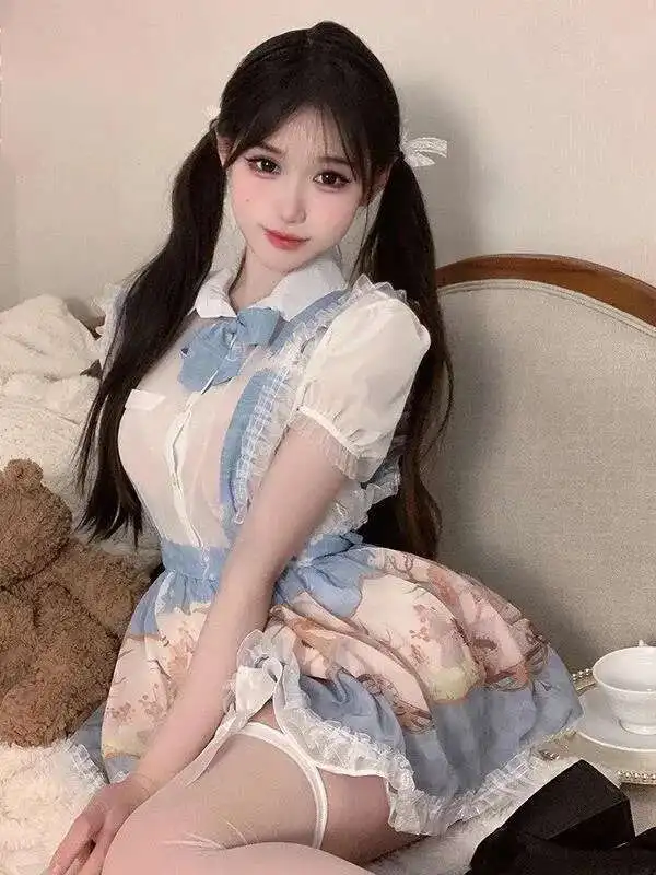Lolita Style Sexy douce fille Anime robe bidimensionnelle Lolita imprimé femme de chambre tentation perspective fil manches bouffantes uniforme UVN
