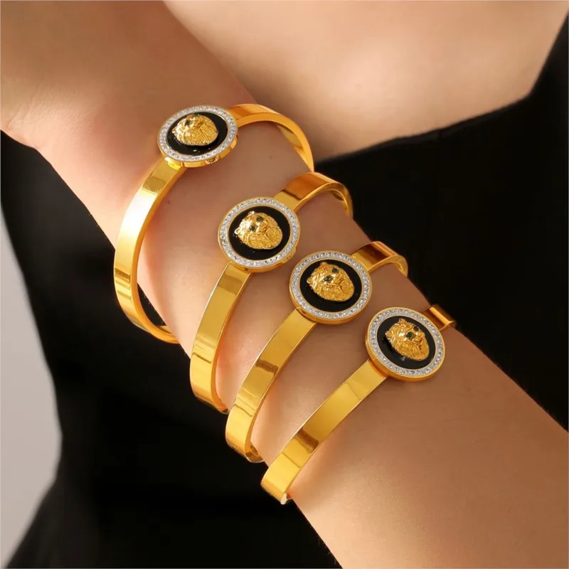 Lion Head Bracelet Bangle For Women Stainless Steel Gold Plated Elastic Opening And Closing Women's Hand Bracelets Cuff Bangles