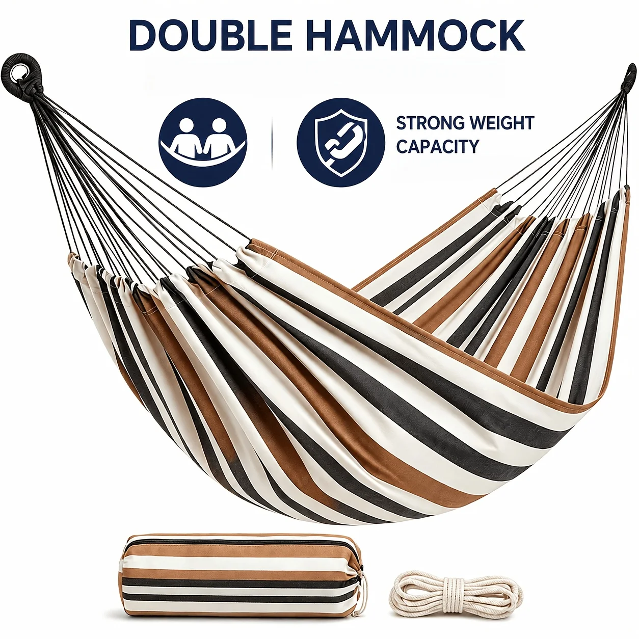 Upgraded large outdoor portable hammock for two people, made of thickened canvas. It comes with 3-meter thickened ropes, a storage bag and wear-resistant iron rings. Suitable for yards, outdoors, camping, trips and team building activities, and it is also