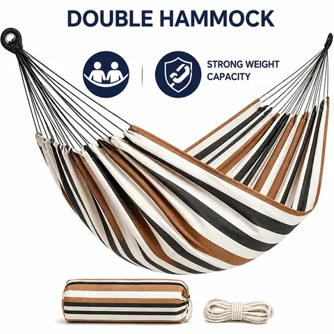 Upgraded large outdoor portable hammock for two people, made of thickened canvas. It comes with 3-meter thickened ropes, a storage bag and wear-resistant iron rings. Suitable for yards, outdoors, camping, trips and team building activities, and it is also