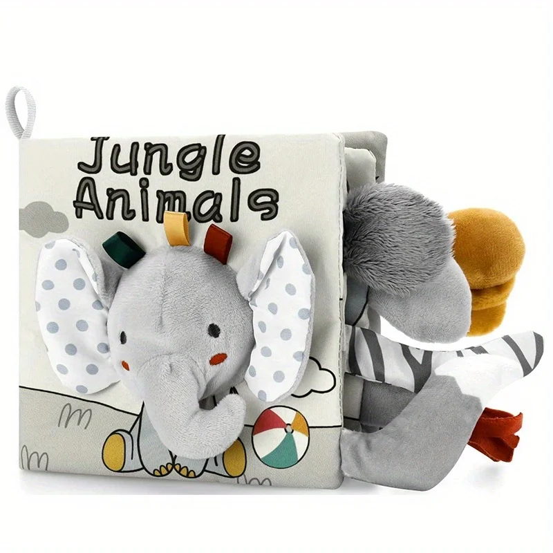 

Cute Elephant Baby Cloth Book - Soft 3D Animal Tail with Sound, Sensory Fun Educational Interactive Toy - Perfect Gift for Baby