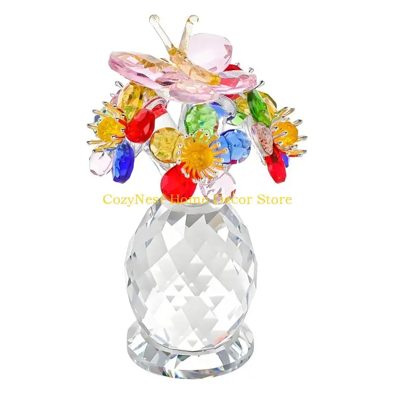 92MF Side Table Crystal Flower Figure with Clear Faceted Base for Shelf Display