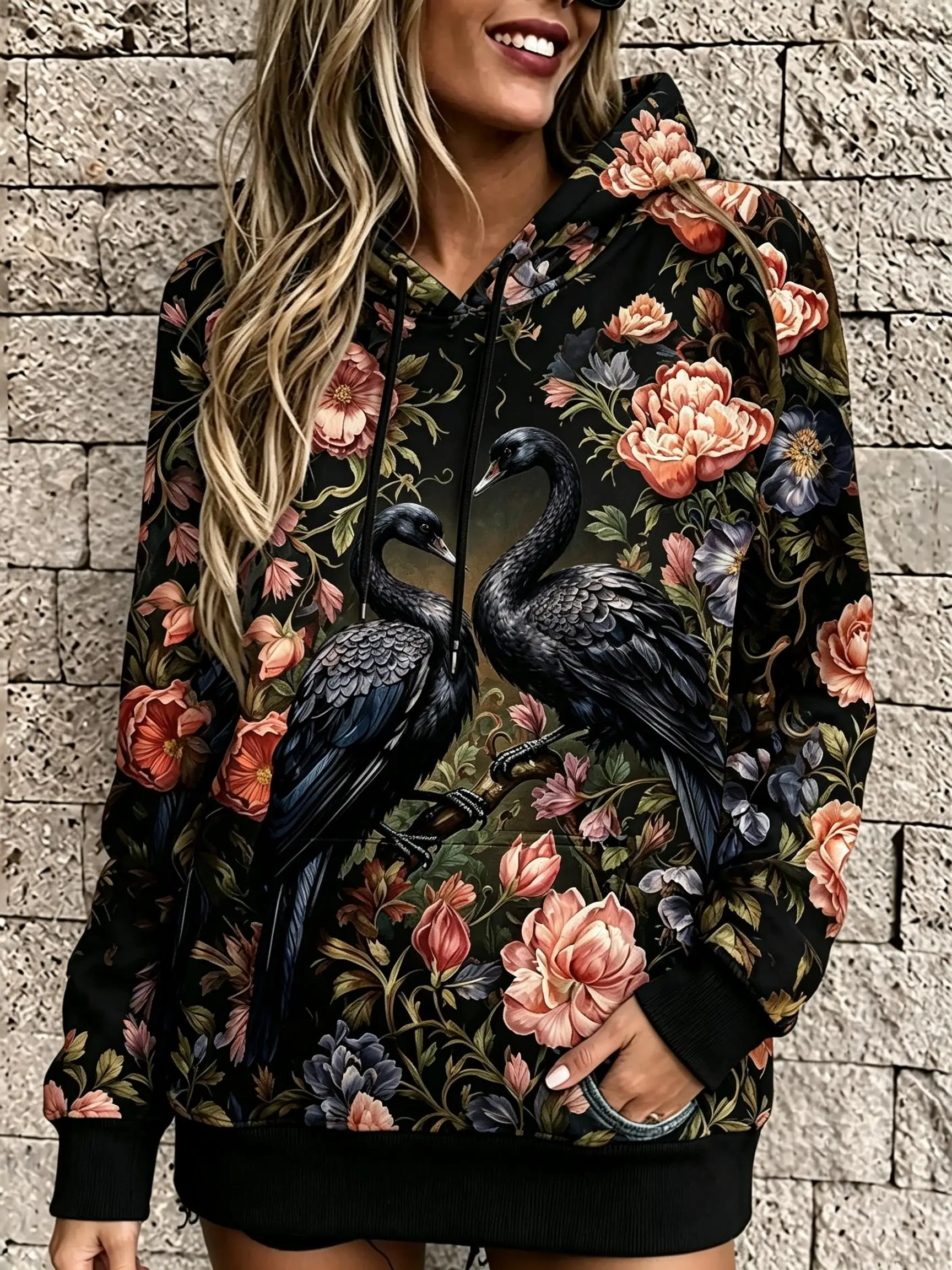 Womens Vintage Floral Animal Print Fleece Hoodie Fox Crow Black Swan Hooded Pullover Halloween Tops