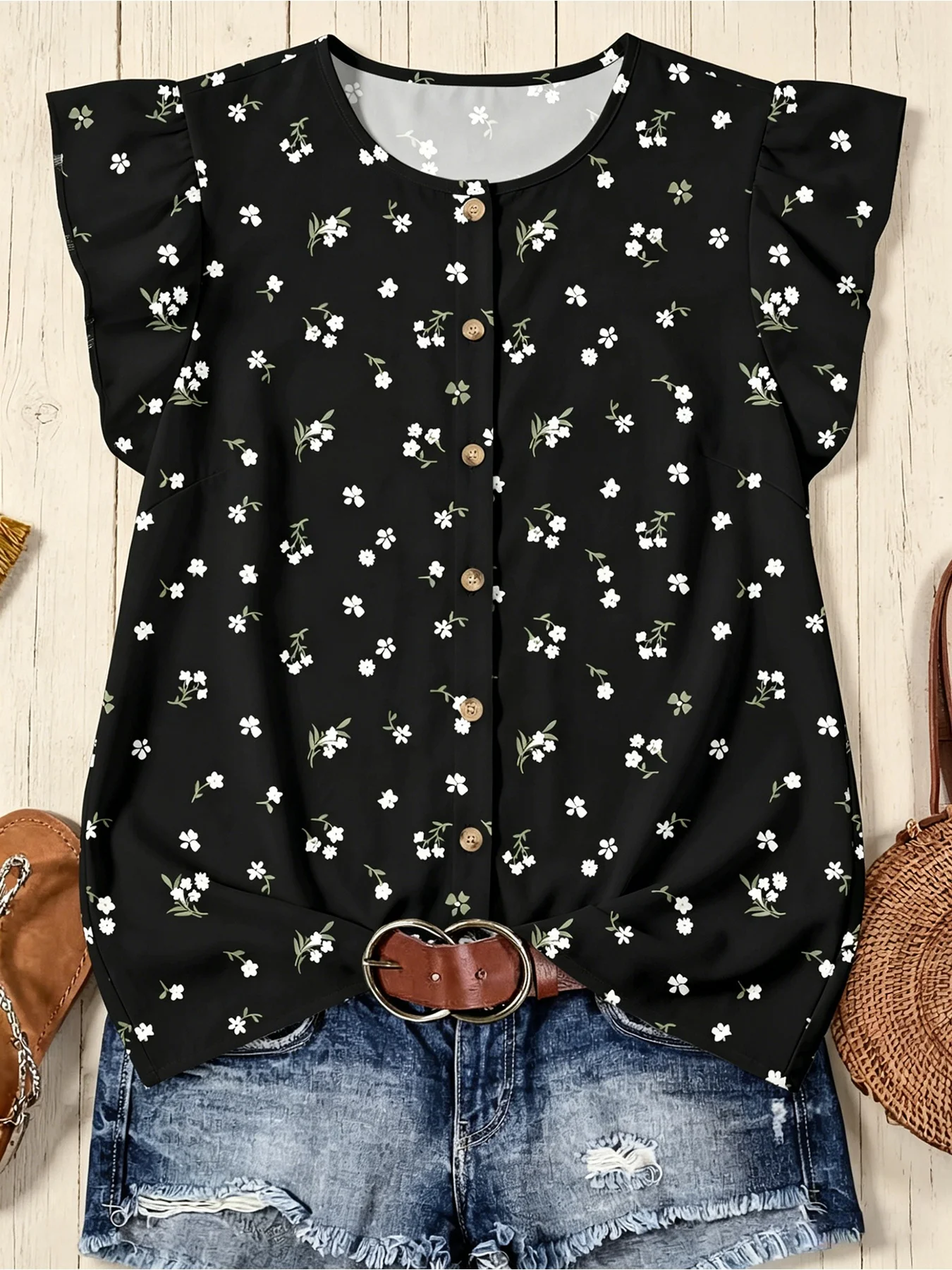 

European and American women's summer plus size lotus leaf sleeves, black background flower pattern round neck short sleeved top