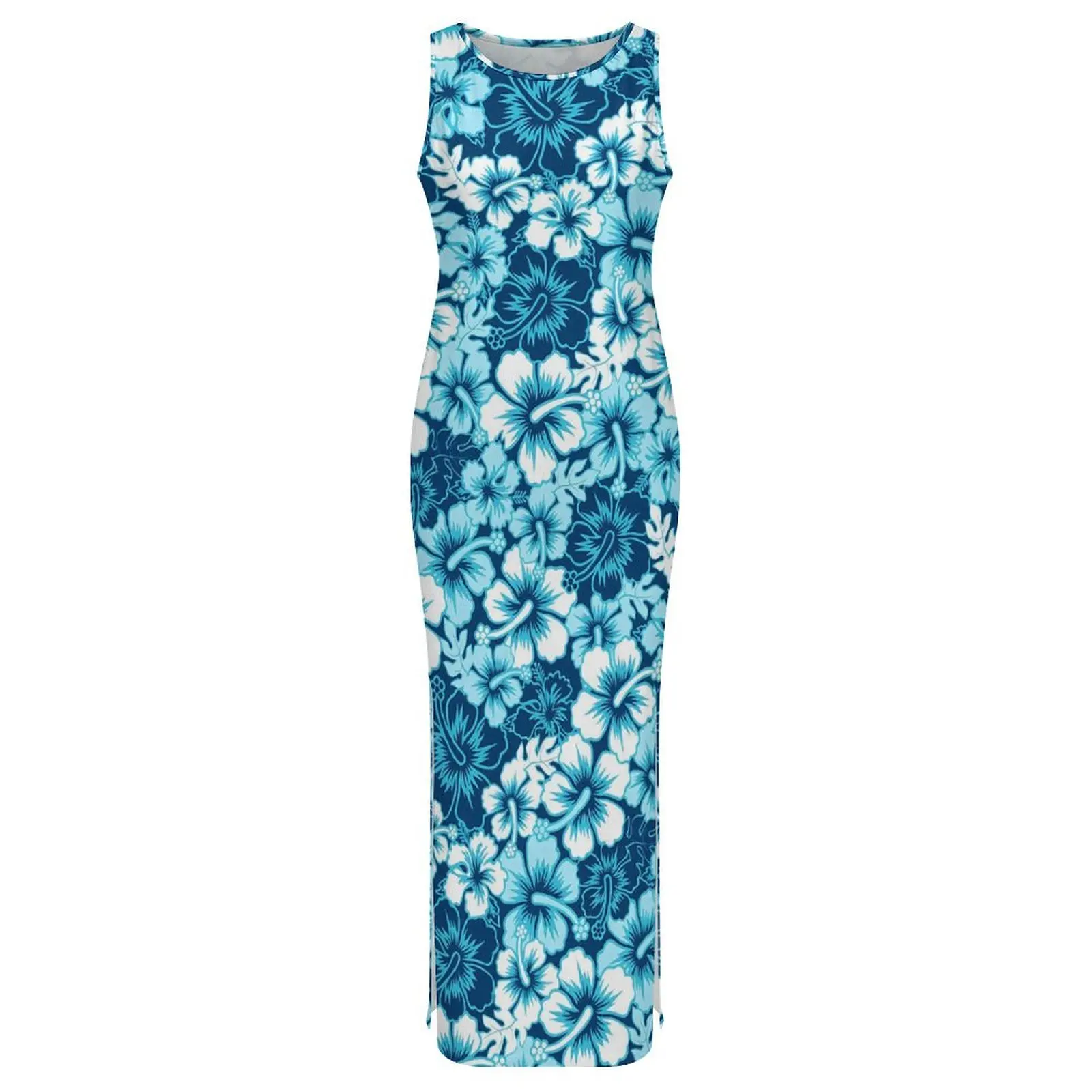 Robe florale bleue sans manches imprimé Hibiscus décontracté Y2k robes Maxi robe moulante mignonne femmes graphique surdimensionné Vestido