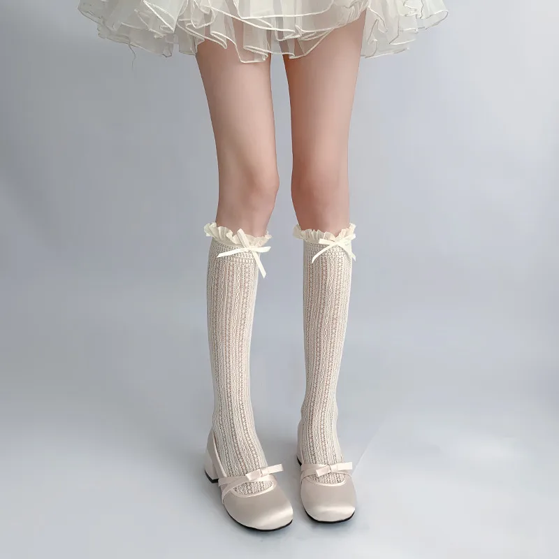 Japanese Style Sweet Girls Long Socks Stockings Cos JK Lolita Bowknot Ruffles Knee Socks Women Hollow Out Mesh Fishnet Stockings