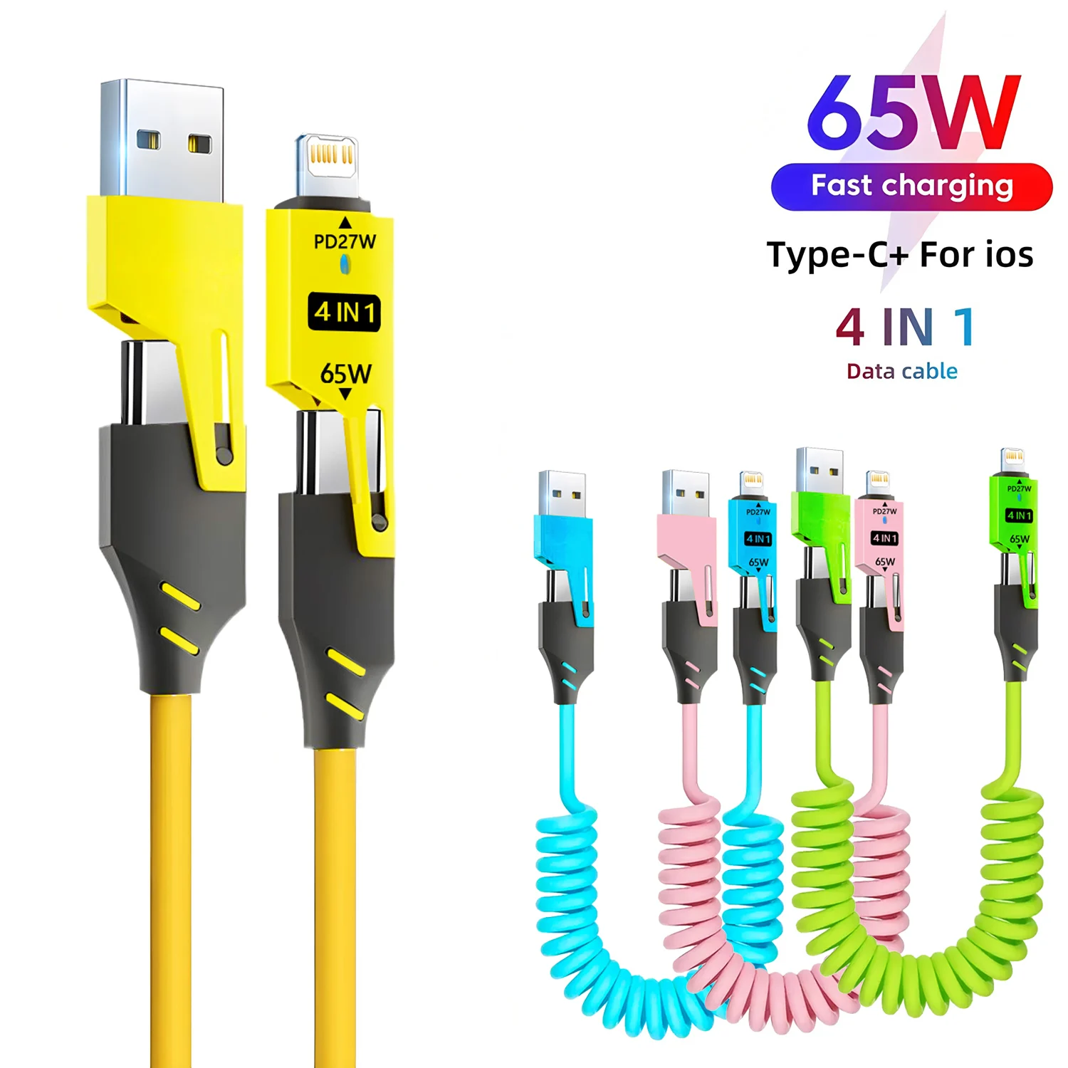 1-2PCS Fast Charging Spring Data Cable 65W Retractable USB Type C Cable For Iphone Huawei Xiaomi Phone Quick Charge Data Cord