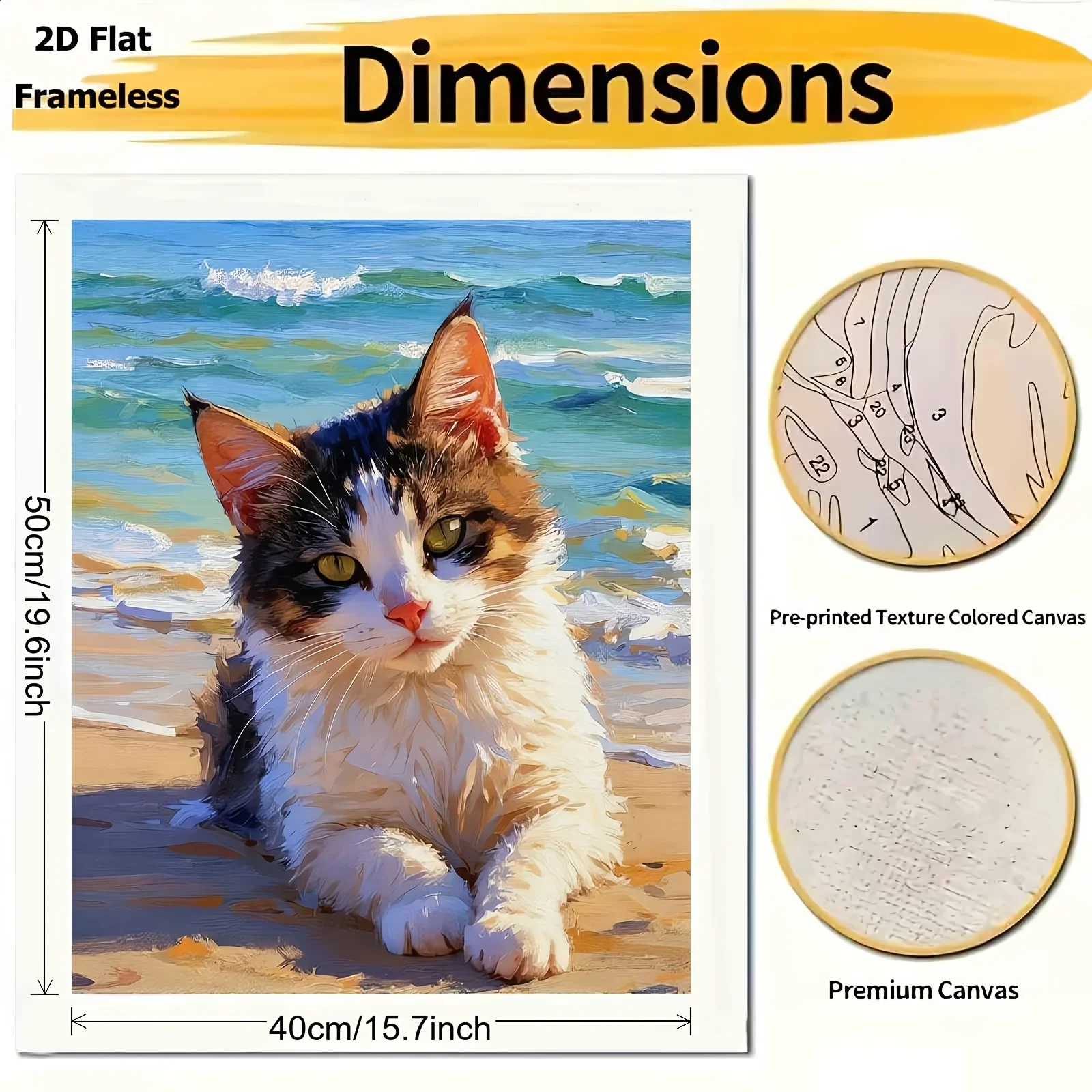 [2D Flat Frameless][Professional Art Use] 1pc Beginner-Friendly Adult Paint by Numbers Kit, Three-Colored Cat Resting on a Beach