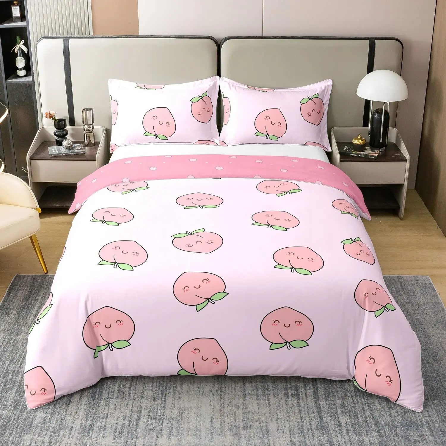 

Pink Peach Bedding Set Cartoon Duvet Cover Twin Size Comforter Cover Girl Lovely Peach Quilt Cover Cute Fruits Soft Room Decor