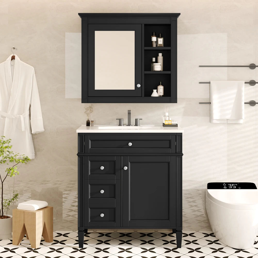 30'' Bathroom Vanity with Top Sink, Modern Bathroom Storage Cabinet with 2 Drawers and a Tip-out Drawer,  Freestanding Vanity