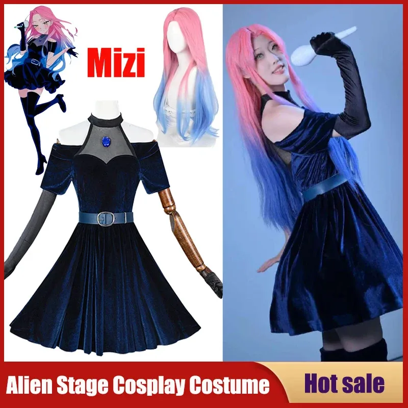 

Anime Alien Stage Cosplay Costume Pink Gradient Blue Purple Long Wig Velvet Skirt Mizi Fancy Dark Blue Dress Party Carnival Suit