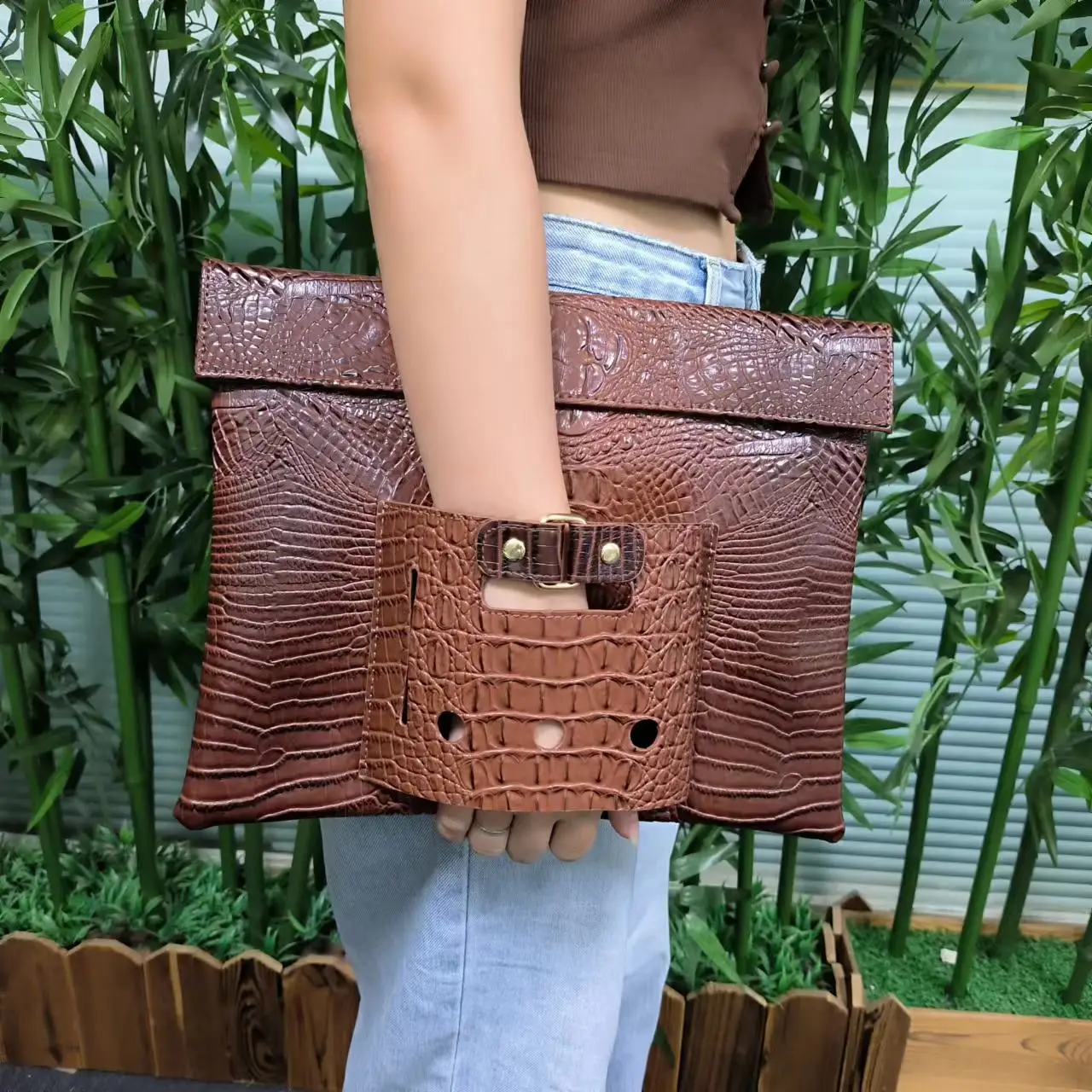 Grote Vrouwen Krokodil Groen Bestandsmap A4 Document Zak Mode Vrouwen Laptop Tas Pouch Business Aktetas Tas