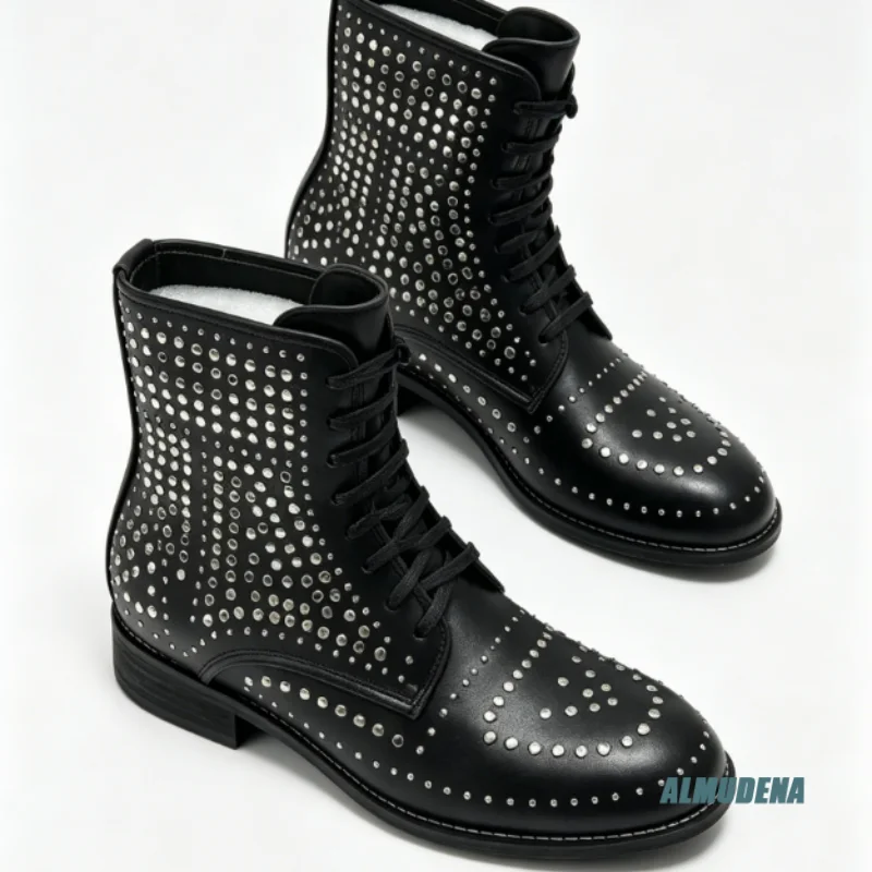 Black Round Toe Lace Up Low Block Heel Ankle Combat Boots with Rivet Men Punk Outdoor Autumn Winter Trendy Party Casual Shoes