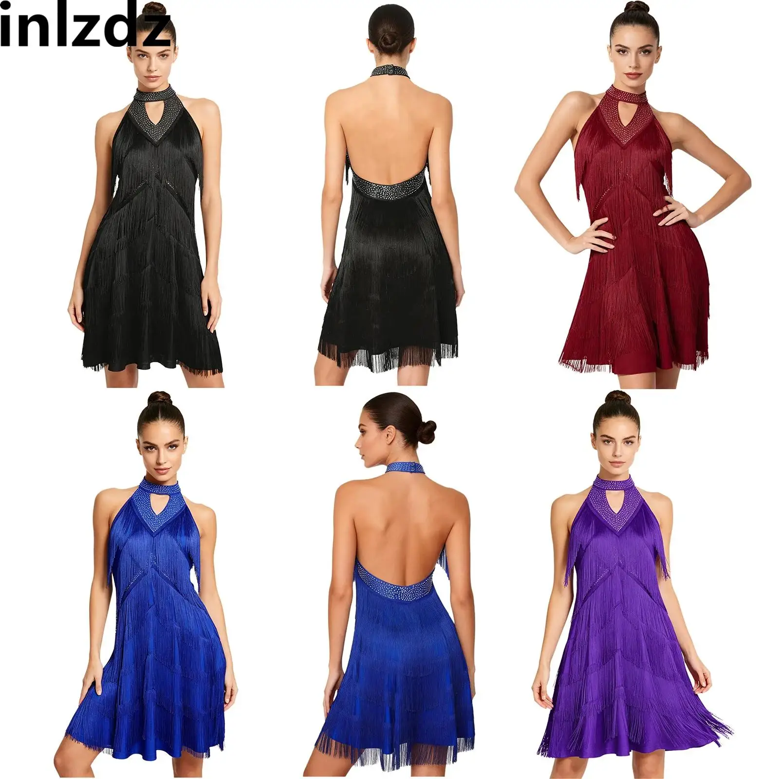 

Women Tassel Backless Dance Dress Rhinestones Tiered Halter Front Keyhole Fringed Dress for Latin Tango Flamenco Samba Ballroom