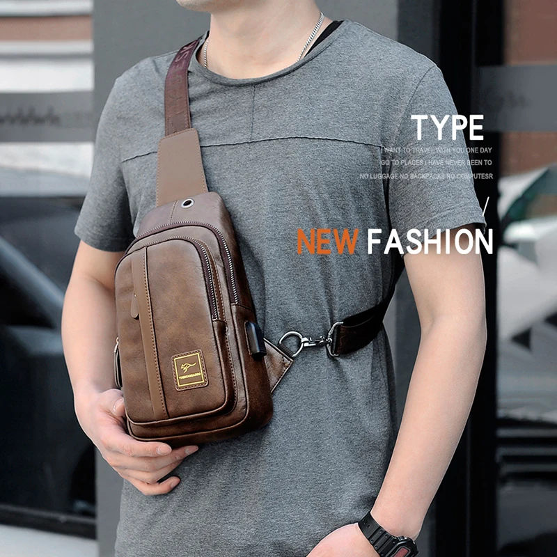 Portable Chest Bag for Man Fashion Wallet PU Leather Backpack Small USB Charging Chest Pack Cross Shoulder Necessaire Side Bag view 2