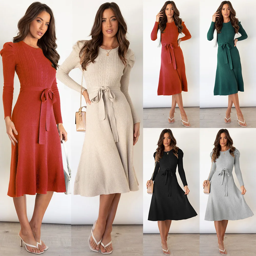 Autumn Winter Solid Color Knitted Dresses Women Temperament Elegant Puff Sleeves Leace-up Knitting Dress Female Commuting Style