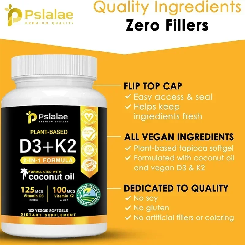 Vitamin K2+D3 - with Natural Organic Coconut Oil - Supports Calcium, Bone and Immune Health