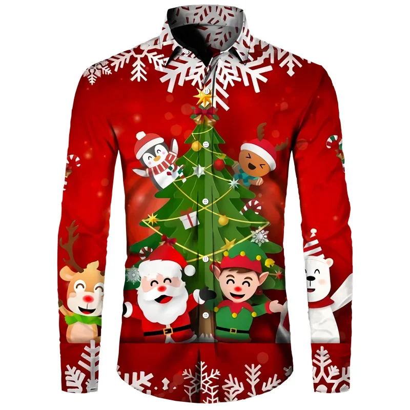 New Year Party Shirt Christmas Snowman Men\'s Long Sleeves Shirt 2024  3D Printed Long Sleeve Tops Casual Christmas Men\'s Shirt