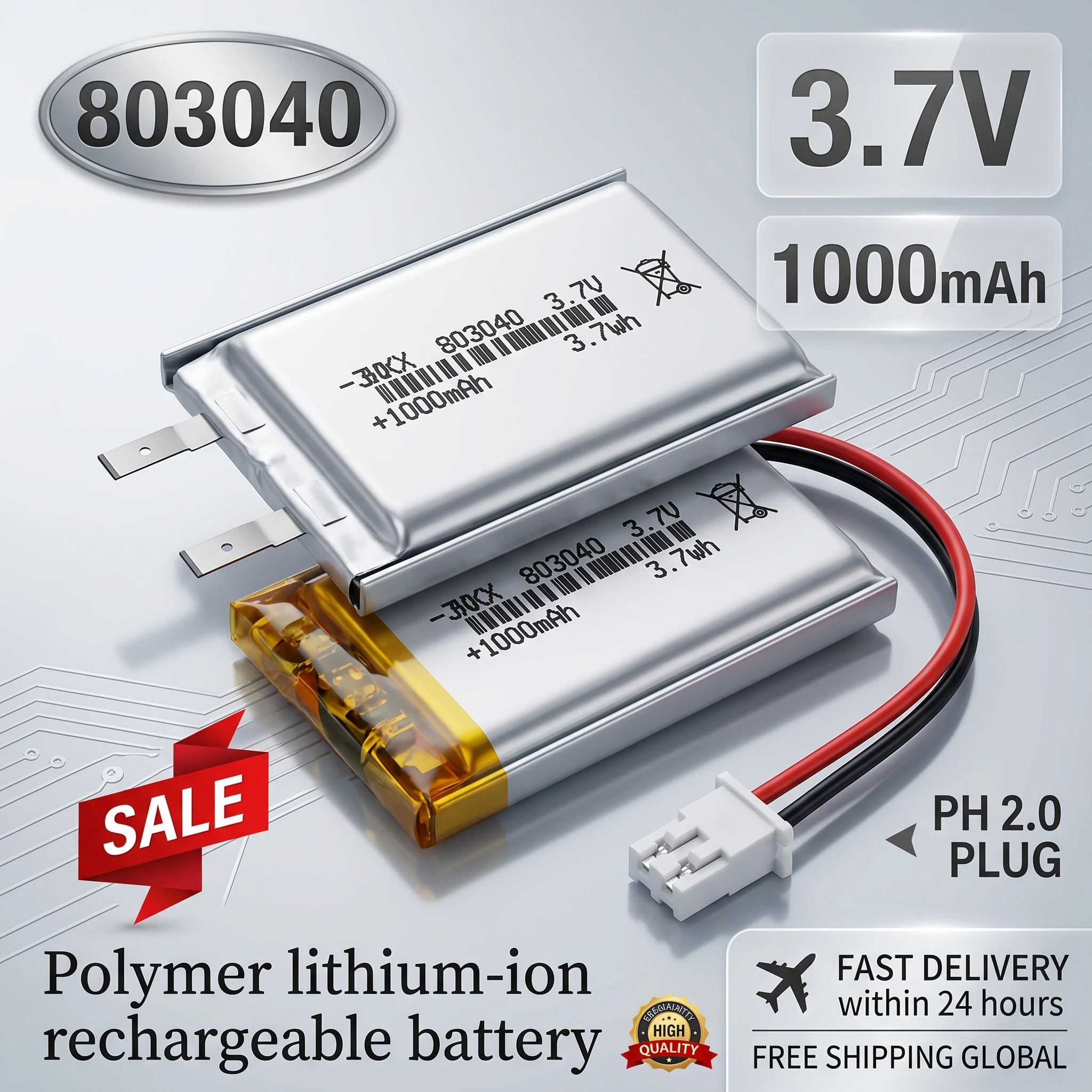 

803040 3.7V 1000mAh Lithium Polymer Rechargeable Battery Replacement For MP3 GPS Dash Cam Bluetooth Speaker