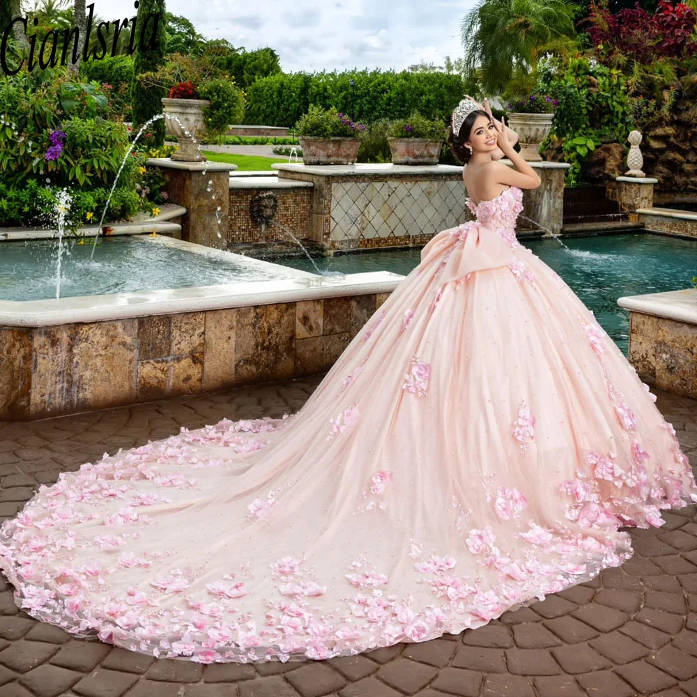 

Блестящее розовое платье Quinceanera, бальное платье с 3D цветочной кружевной аппликацией, корсет с бисером, Sweet 16, Vestidos De 15 Años