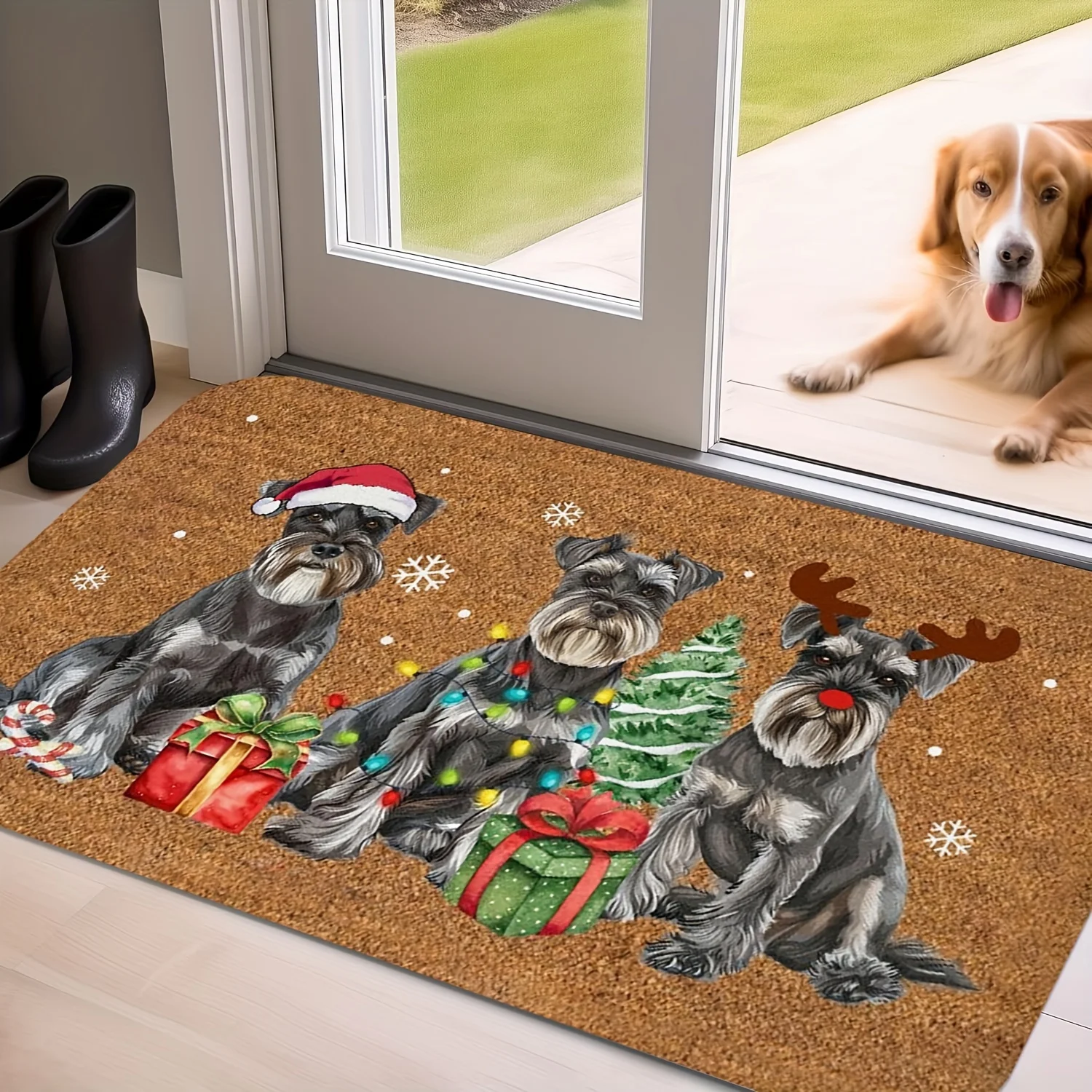 VIKAMA Holiday Mini Schnauzer Weihnachts-Fußmatte – weicher Plüsch, rutschfester, saugfähiger Teppich, Badezimmerteppich, Heimdekoration
