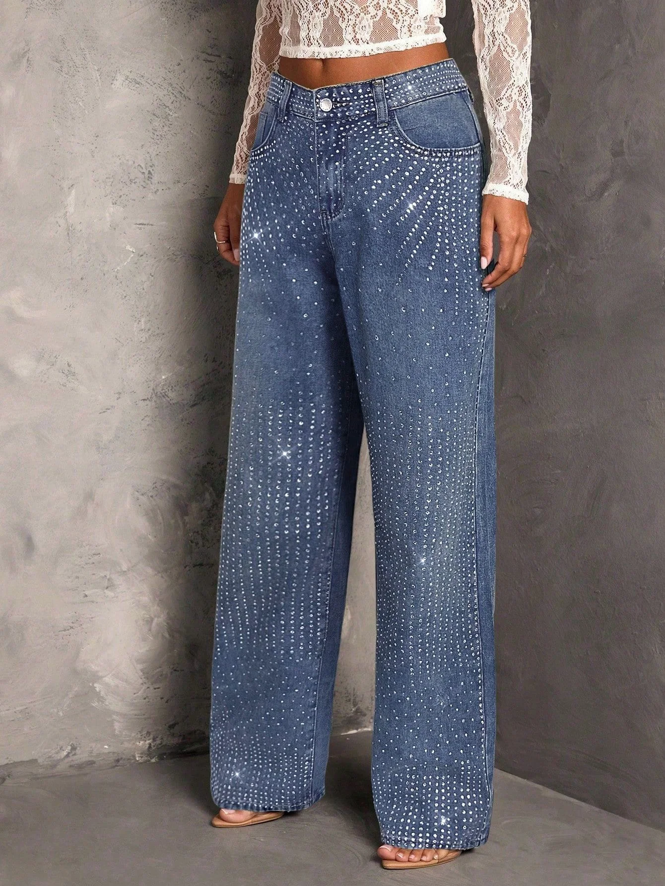 Mid Waist Stretch Jeans Irregular Hot Diamond Loose Straight Leg Jeans For Women High Street European Style Cool Girls Trousers