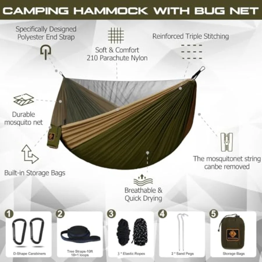 Camping Hammock, Portable Hammocks with Mosquito Net, Lightweight Nylon Parachute Hammock with 10ft Tree Straps, Camping Gear M