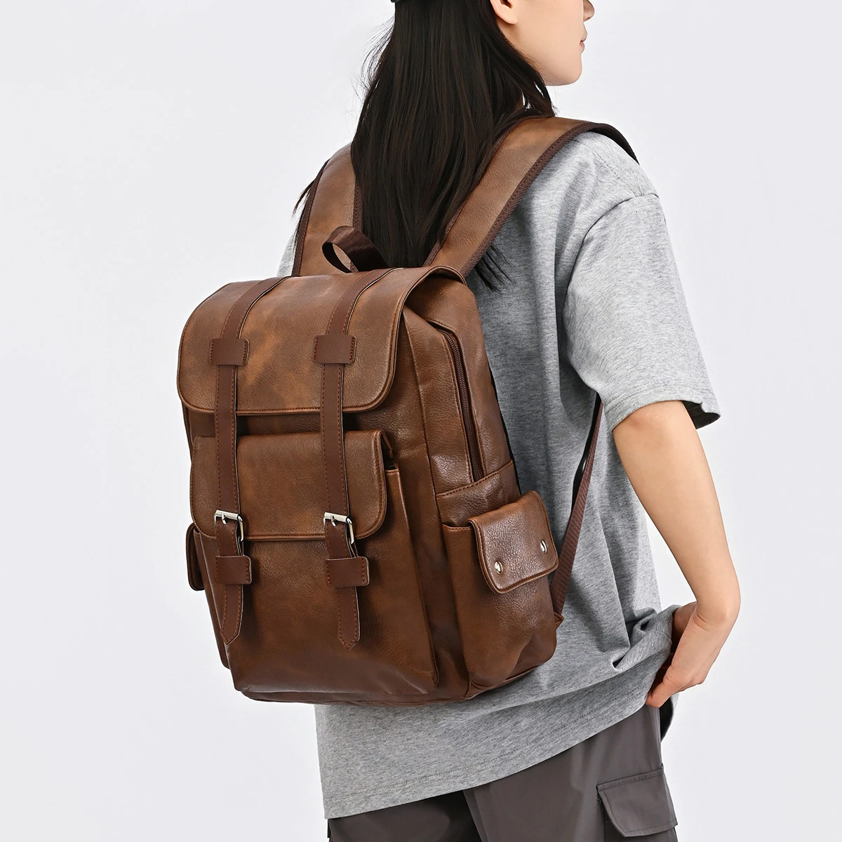 Retro Crazy Horse Leather Flip Cover Student School Bags Large Capacity Business Computer Backpack Couple Backpack Campus Travel