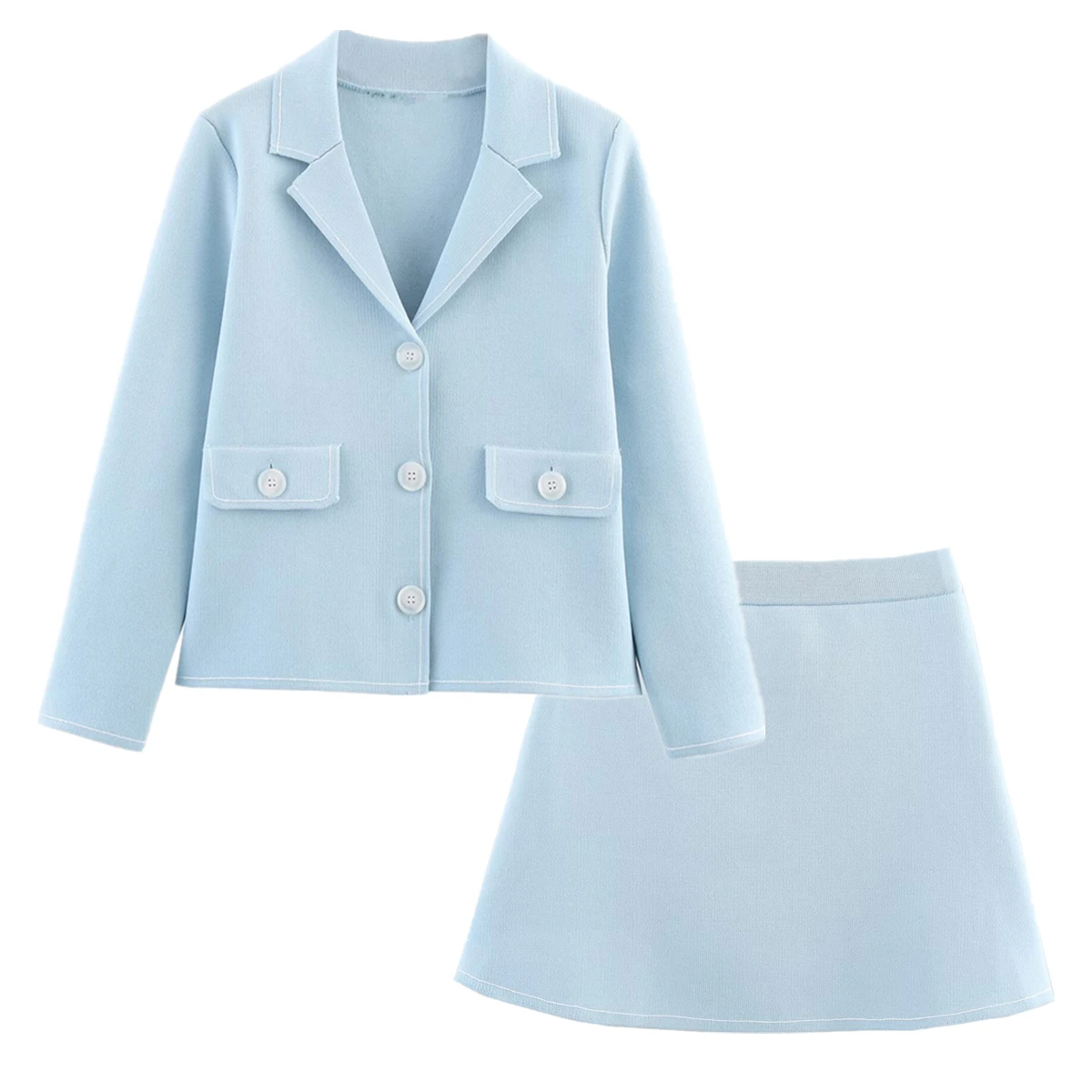 Dave&Di British Fashion Knitted Suit Women Light Blue Commuting Casual Blazer Mini Skirt Set Minimalist Women's Clothing