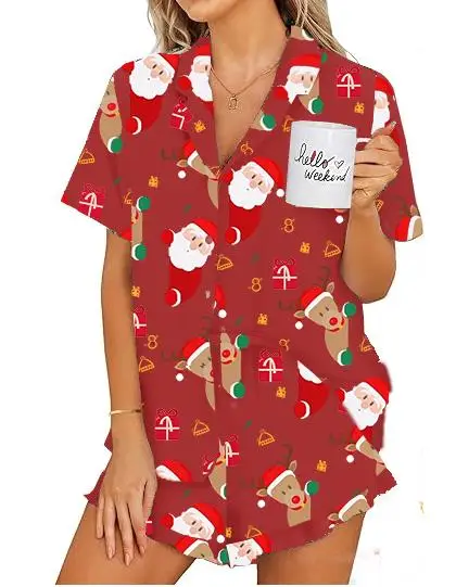 Women Christmas Pajamas Set Santa Print Lapel Neck Button-up Short Sleeve Tops Shorts Loungewear Outfit