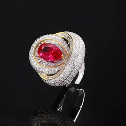 Adjustable Glamorous Water Drop Pink and Red Gemstone Ring with Sparkling Pave Diamonds Elegant Statement Jewelry for Women