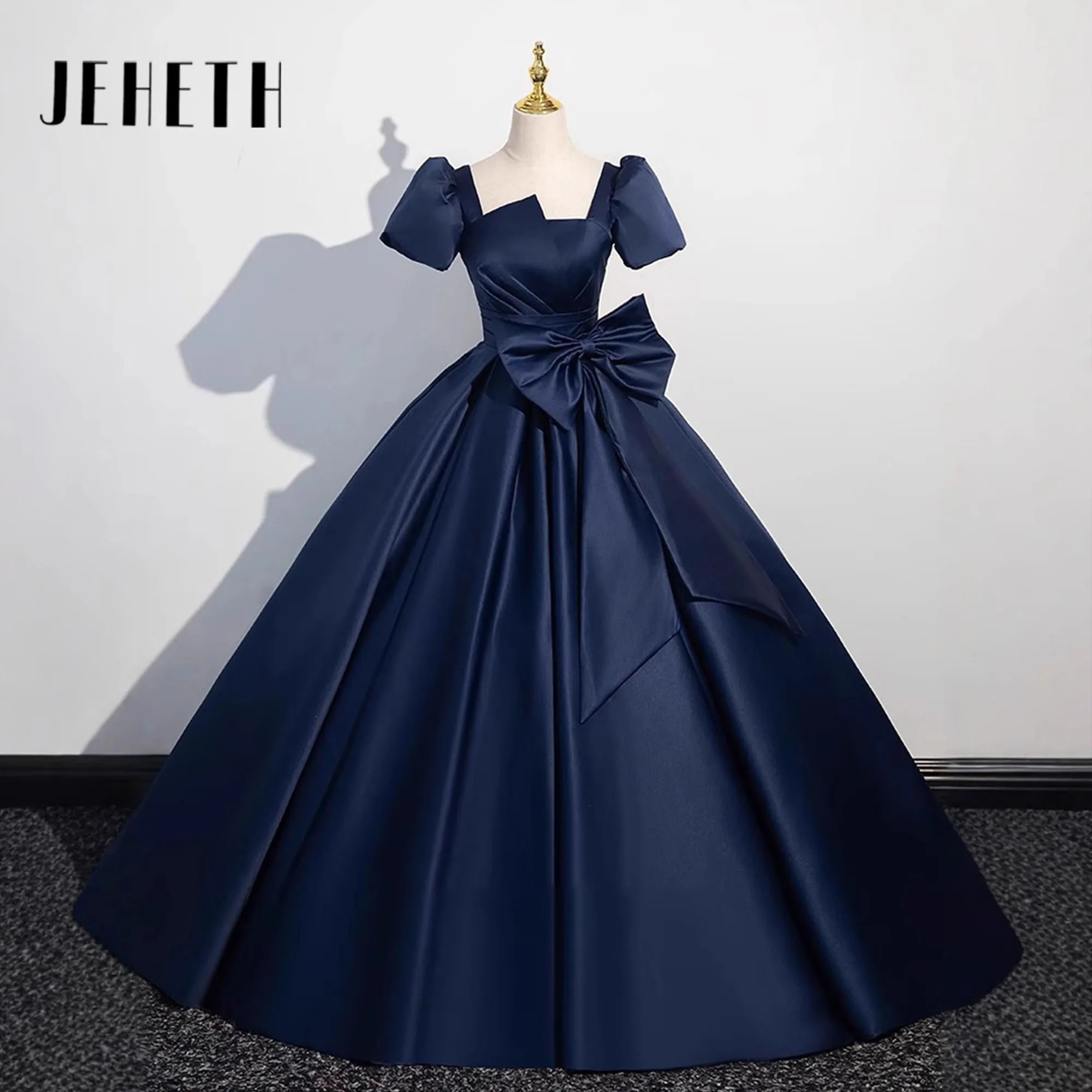 

JEHETH Satin Navy Blue New Quinceanera Dresses Bow Asymmetrical Neck Evening Dress Simple Classic Vestidos De Boda Para Fiestas