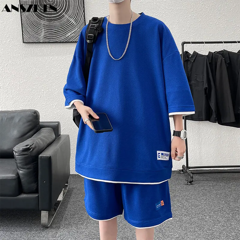 

ANSZKTN Waffle Suit men's summer short sleeve trend loose clothing casual sweatpants Men's T-shirt shorts suit