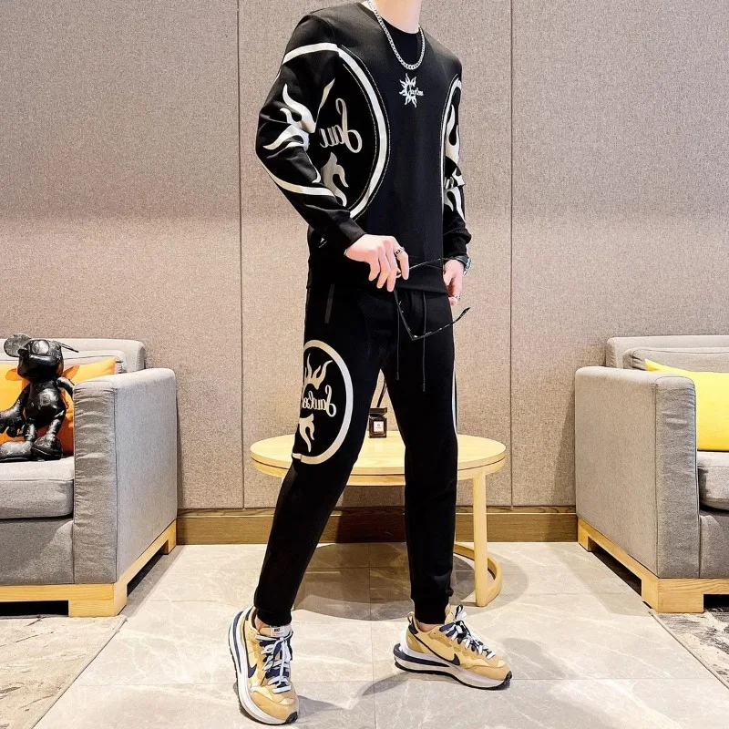 Men's clothing spring and autumn high quality hot stamping sweater trousers two-piece fashion trend sports suit